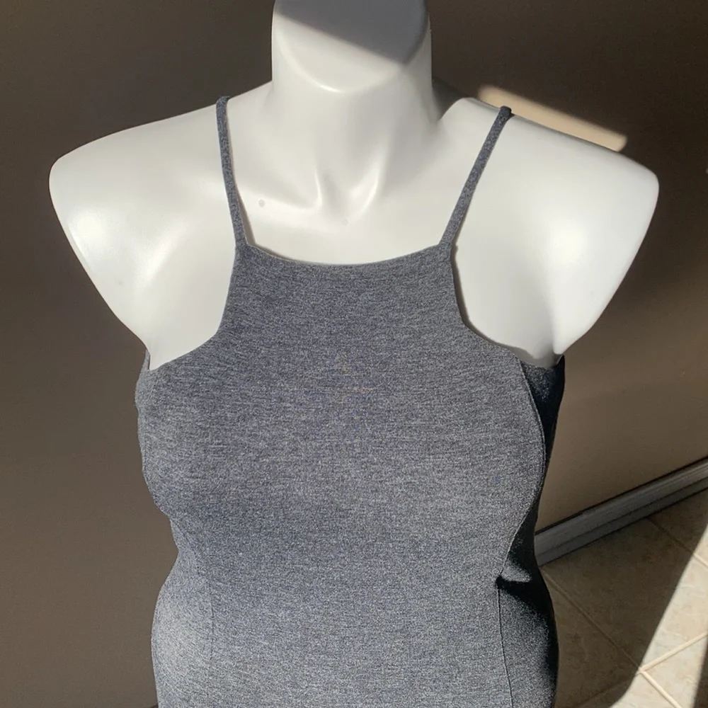 Express Gray High Neck Midi‎ Angled Hem Form fitting dress size Large